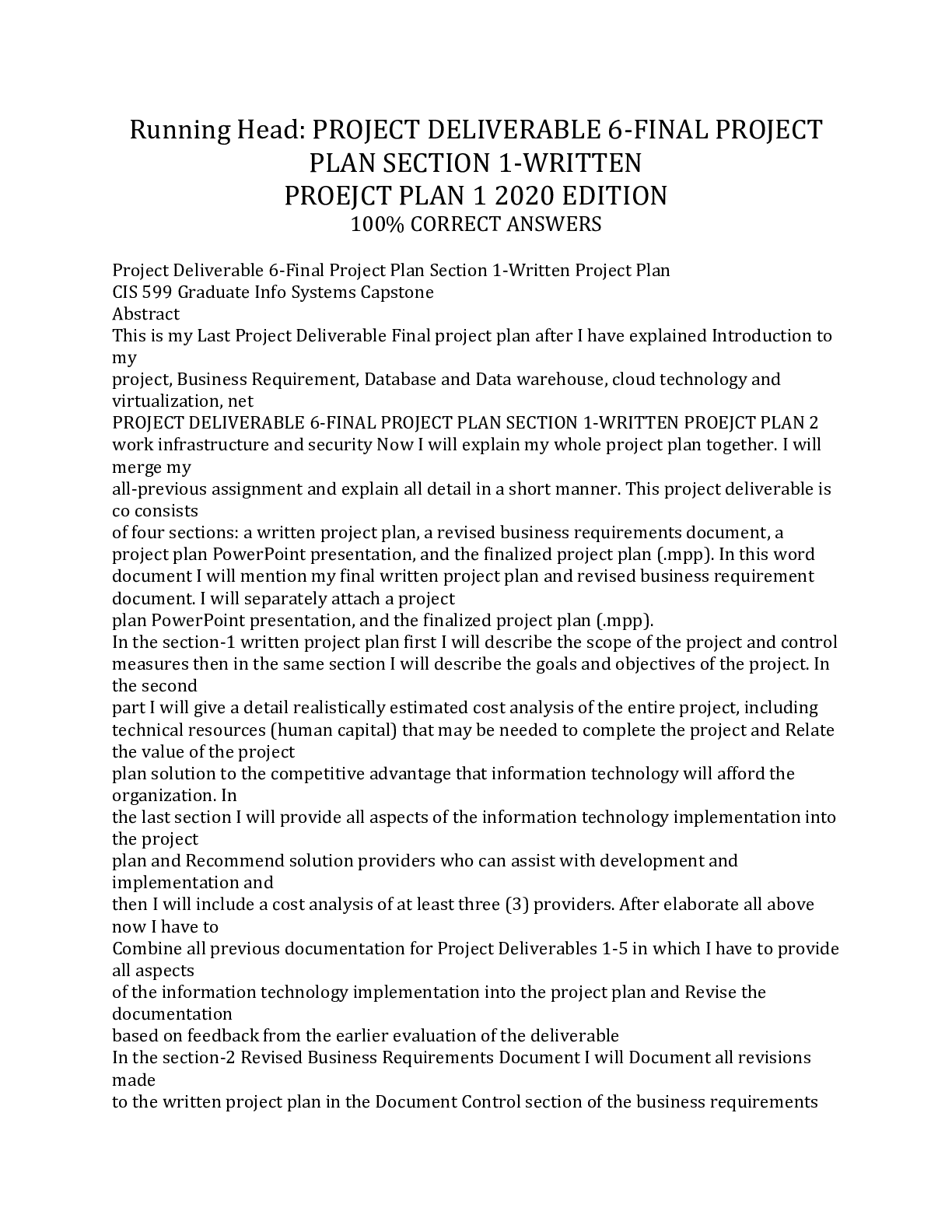 Preview image for PROJECT DELIVERABLE 6-FINAL PROJECT PLAN SECTION 1-WRITTEN PROEJCT PLAN 1 2020 EDITION 100% CORRECT ANSWERS